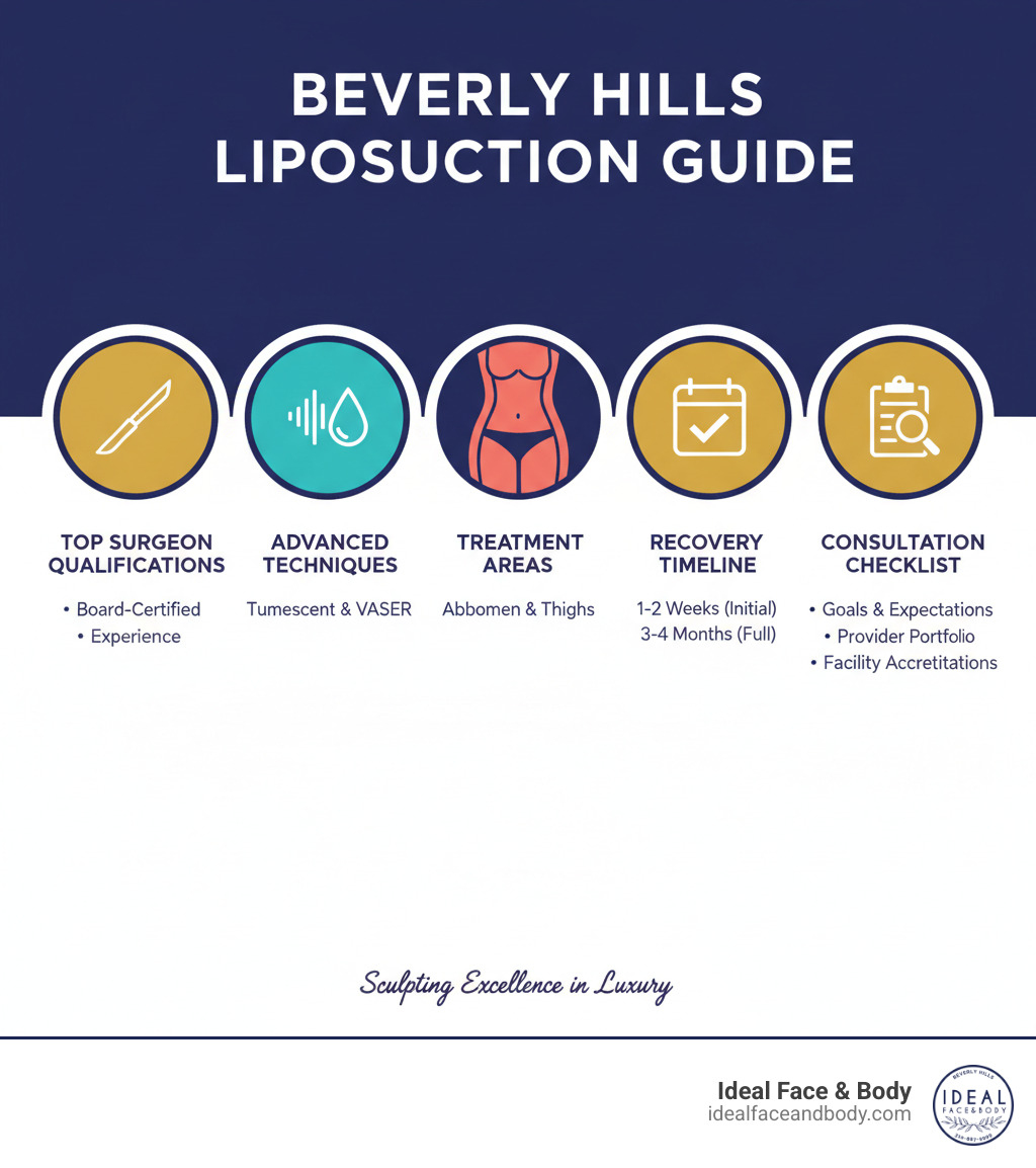 Comprehensive guide to Beverly Hills liposuction showing top surgeon qualifications, advanced techniques including tumescent and VASER methods, common treatment areas like abdomen and thighs, expected recovery timeline, and consultation checklist for choosing the best provider - Best liposuction Beverly Hills infographic 