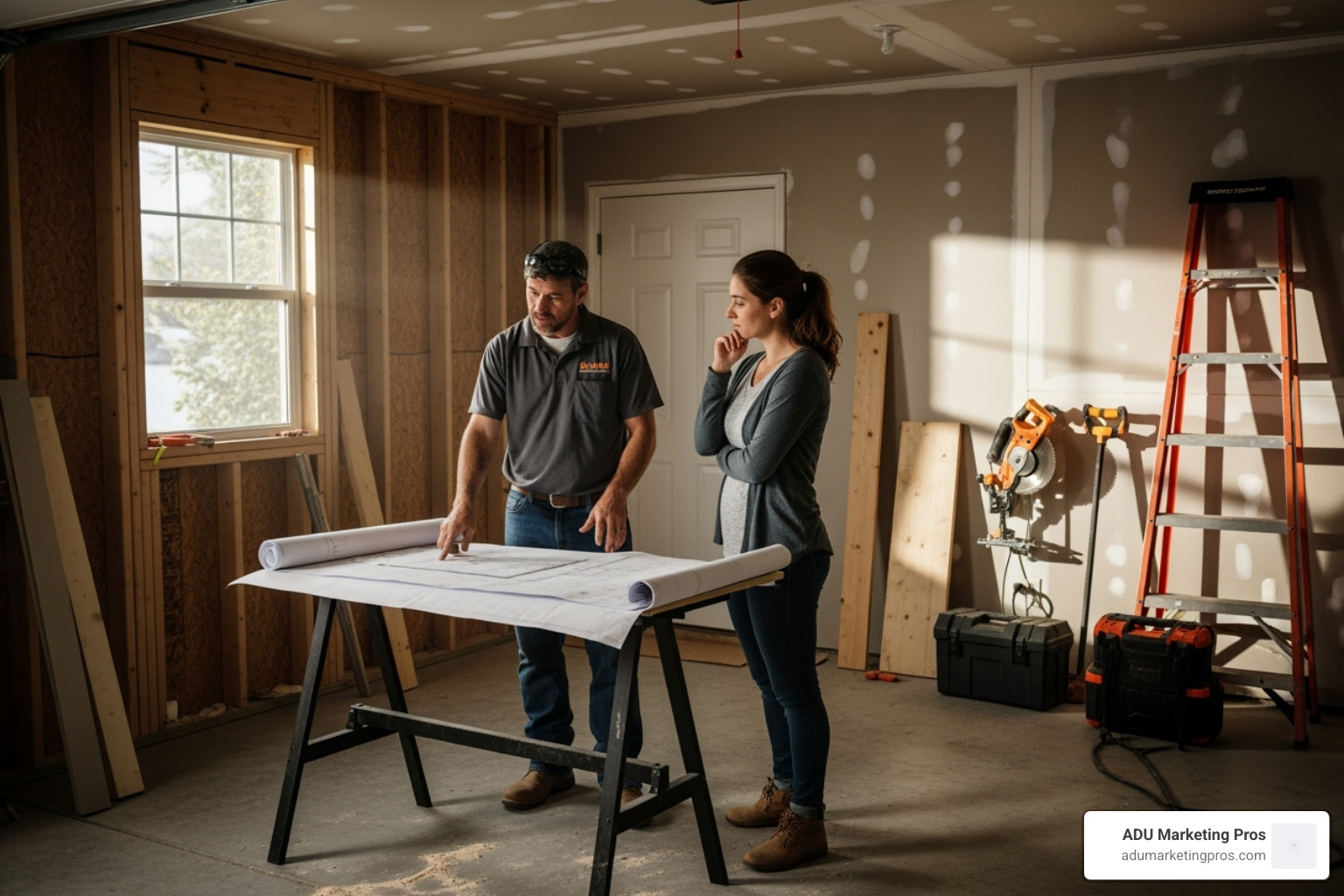 A contractor pointing to blueprints with a homeowner inside a partially converted garage. - how much do garage conversions cost