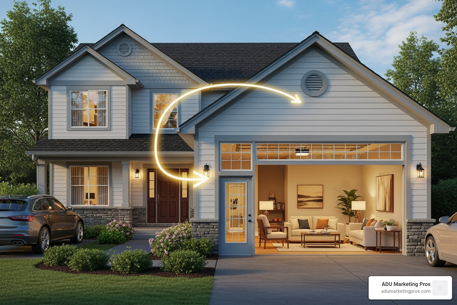A graphic showing a house with an arrow pointing from the converted garage, with "Up to 80% ROI" text. - how much do garage conversions cost