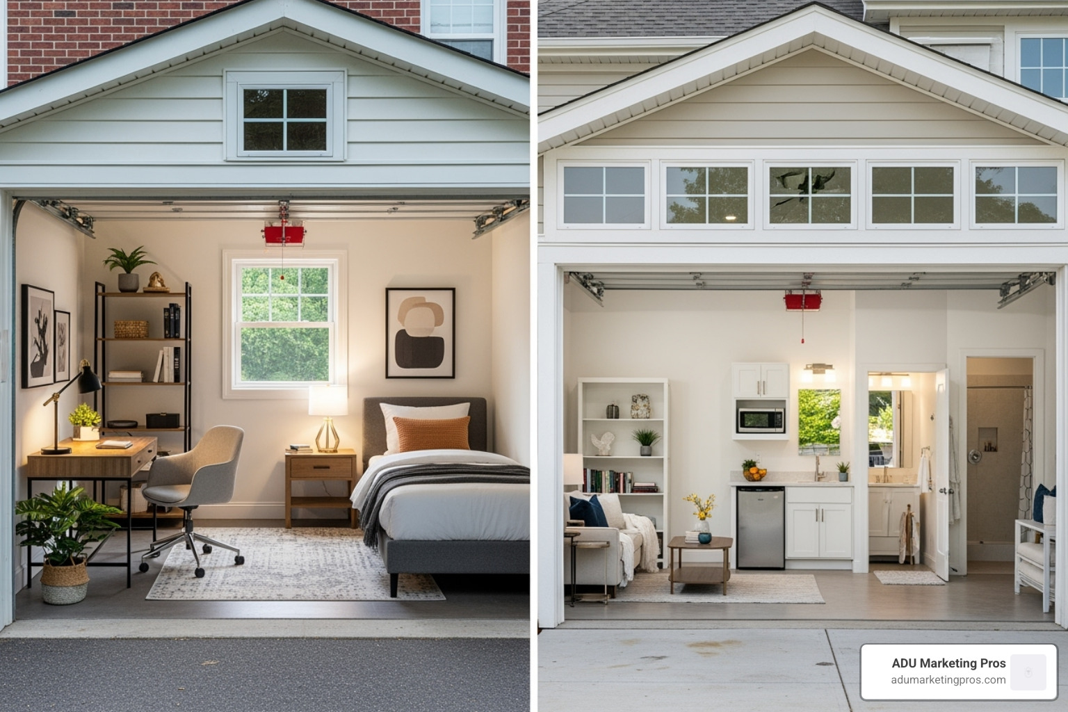 A side-by-side comparison of a single-car garage and a double-car garage, both converted into living spaces. - how much do garage conversions cost