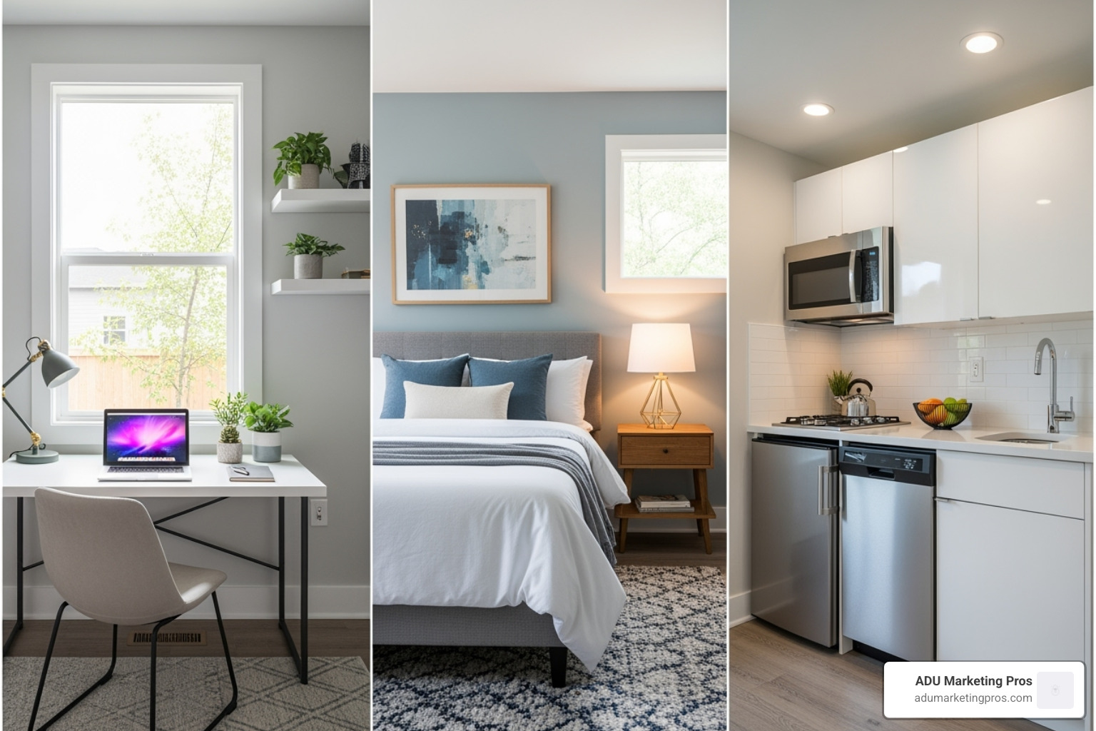A collage of different garage conversion ideas: a home office, a cozy bedroom, and a small, modern ADU kitchen. - how much do garage conversions cost