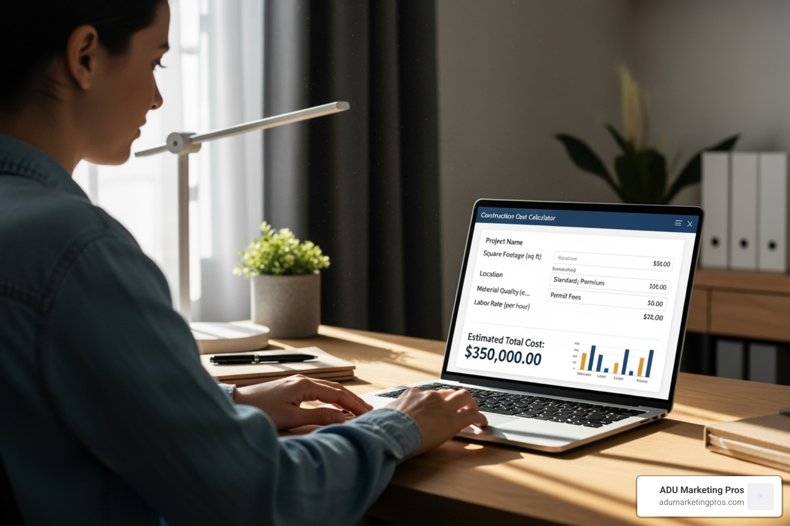 A person using a laptop with a construction cost calculator interface on the screen, showing various input fields and an estimated total - cost to build calculator
