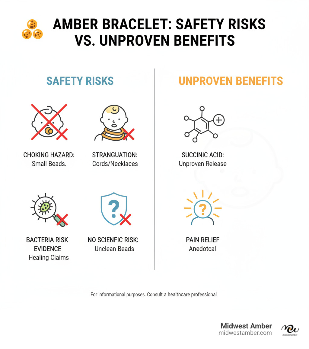 Infographic showing amber bracelet safety risks including choking hazards from small beads, strangulation risks from cords, bacterial infection possibilities, and lack of scientific evidence for healing claims, contrasted with unproven benefits like succinic acid release and pain relief - are amber bracelets safe infographic 