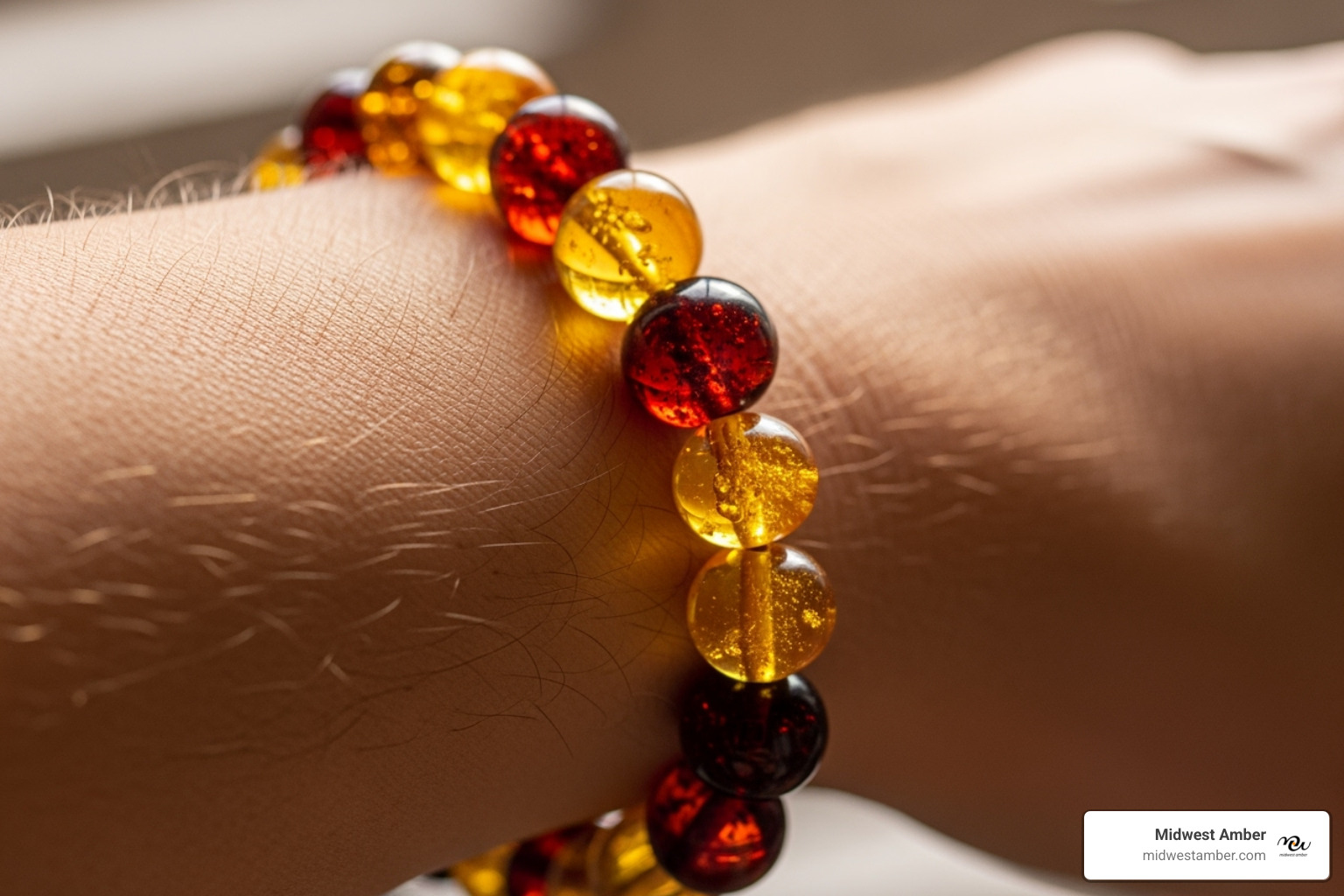 Image of an adult wearing an amber bracelet - are amber bracelets safe