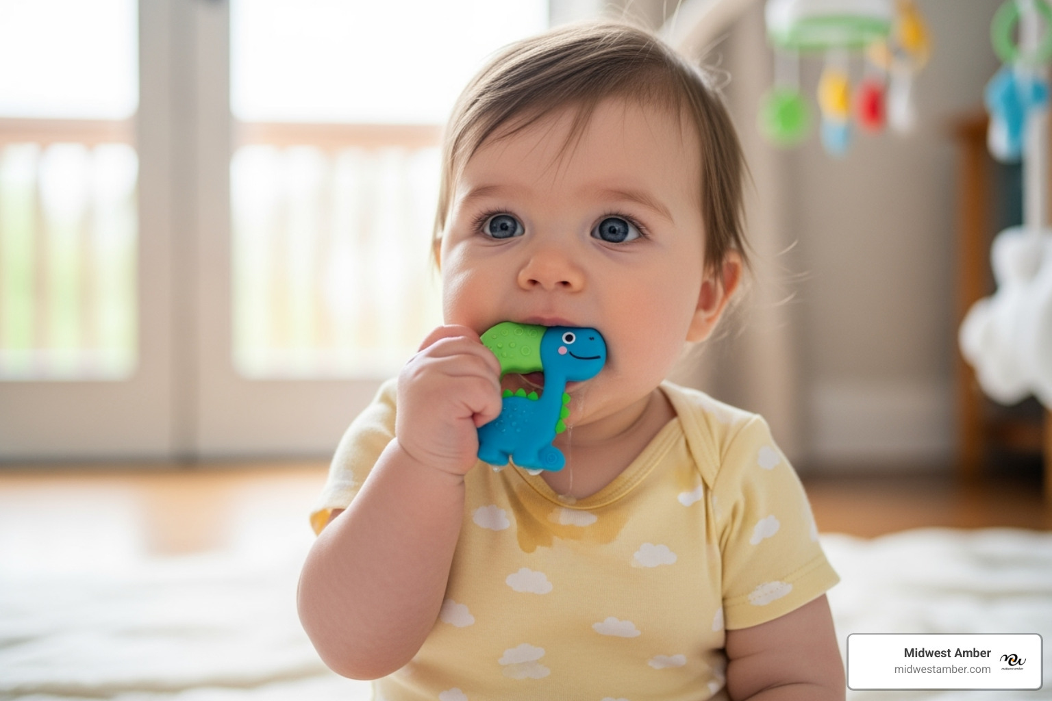 Image of a baby chewing on a safe teething toy - are amber bracelets safe