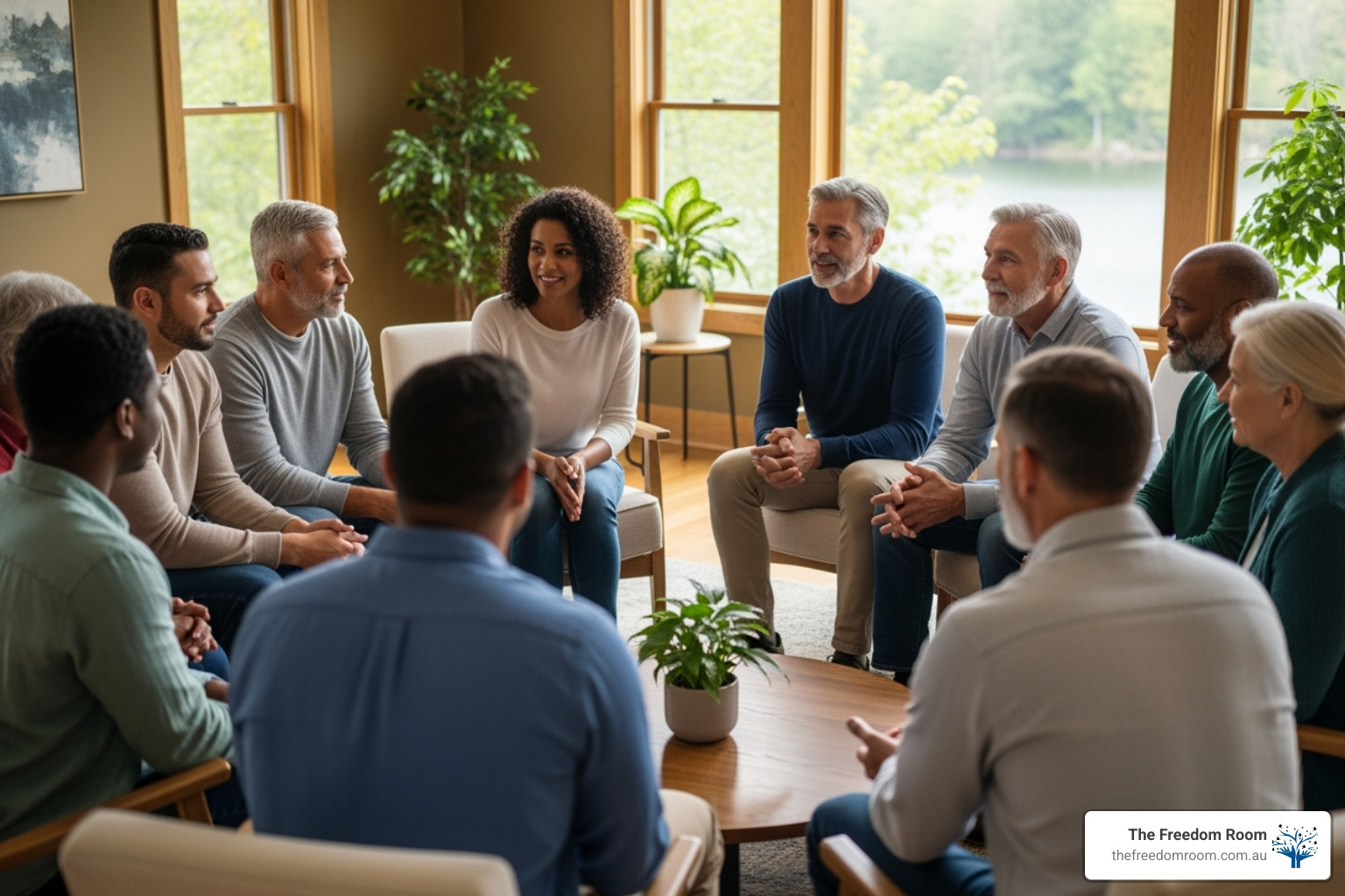 A group of individuals in a supportive group therapy session, all looking engaged and connected, with a calming, natural backdrop - addiction and grief