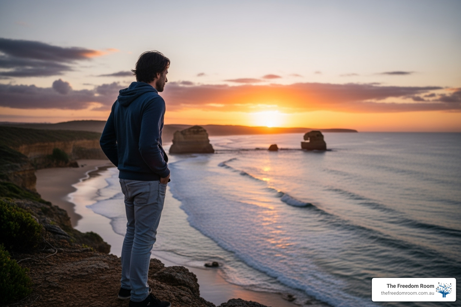 A person gazing thoughtfully at an Australian coastline at sunset, conveying reflection and introspection - addiction and grief
