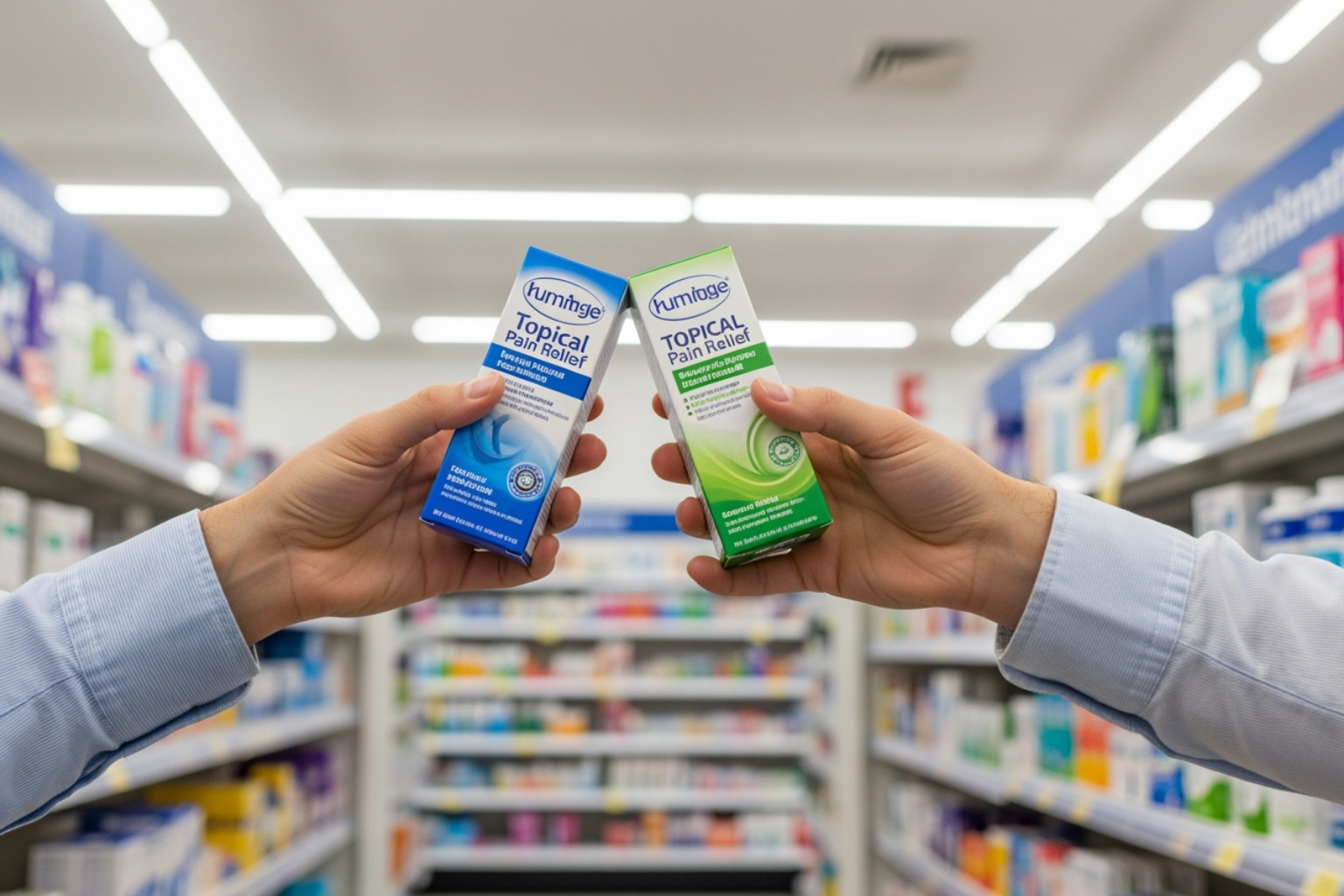 person comparing two different Neuropasil pain relief cream boxes in a pharmacy aisle - joint pain relief cream