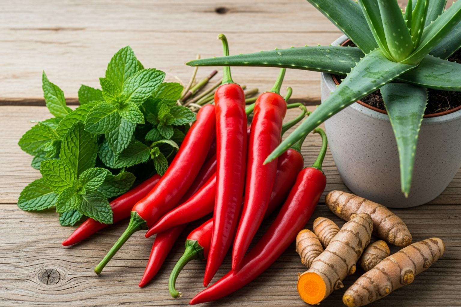 Neuropasil's natural and plant-based ingredients like chili peppers, mint leaves, aloe vera, and turmeric - joint pain relief cream