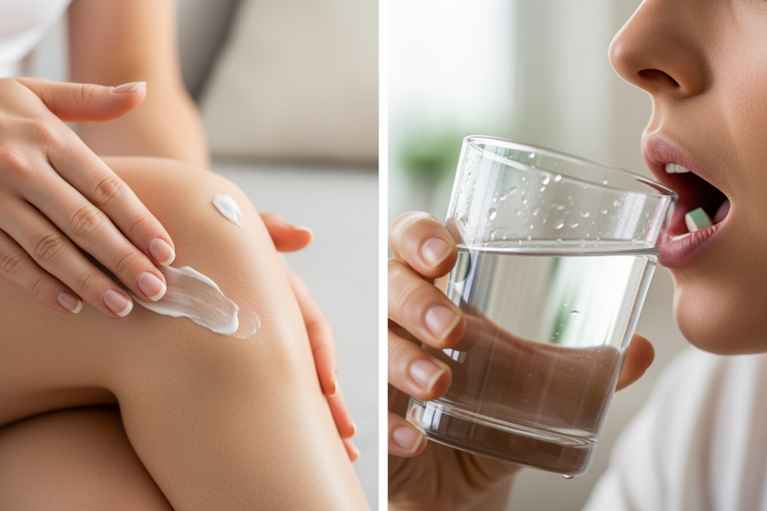 hand applying Neuropasil cream to a joint vs. a person taking a pill - joint pain relief cream