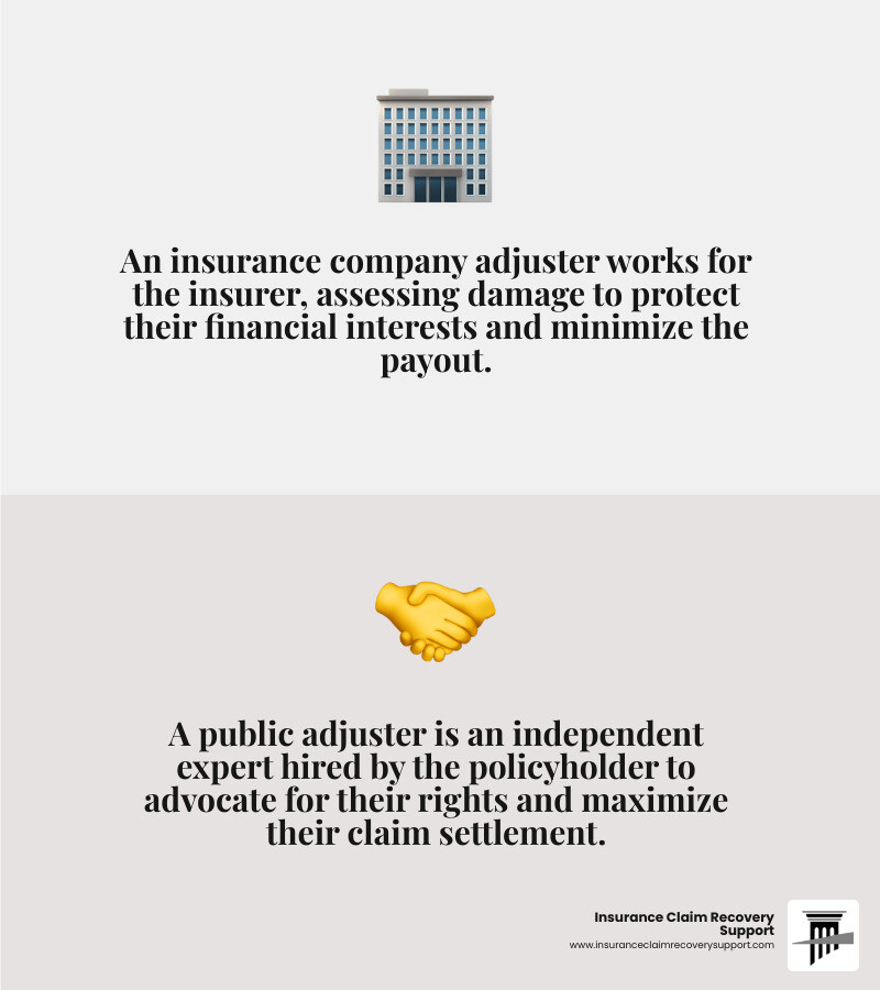 Infographic explaining the key differences between an insurance company adjuster and a public adjuster - Apartment Claims infographic 2_facts_emoji_grey
