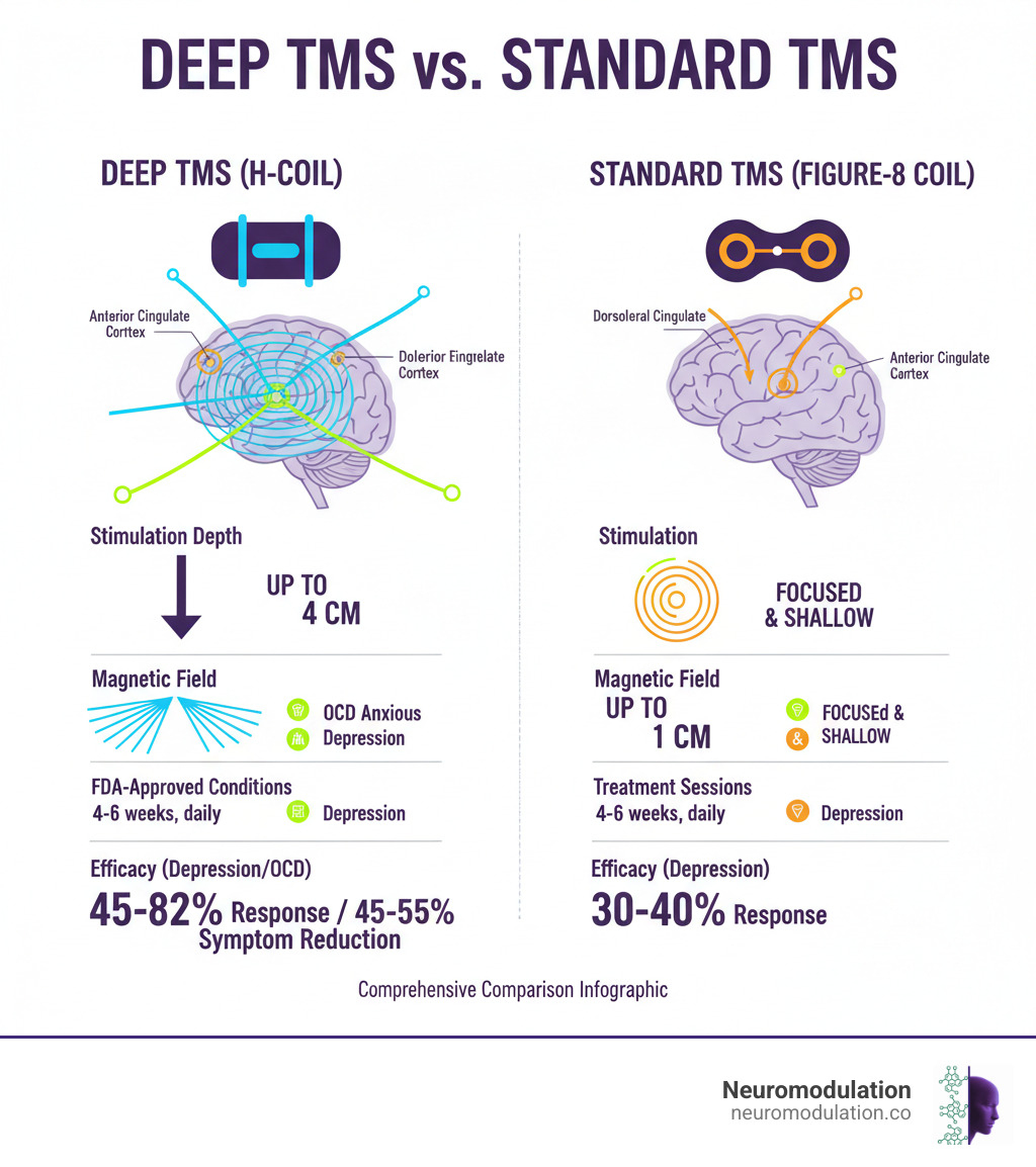 Comprehensive comparison infographic showing Deep TMS H-coil technology versus standard TMS figure-8 coil, including cross-sectional brain diagrams illustrating stimulation depth differences, magnetic field patterns, targeted brain regions like anterior cingulate cortex and dorsolateral prefrontal cortex, treatment session protocols, FDA-approved conditions, and efficacy statistics for depression and OCD - deep tms infographic 