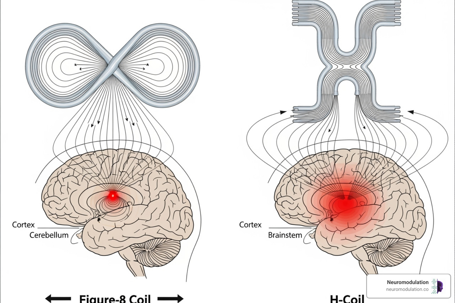 Illustration comparing the magnetic field distribution and depth of penetration of a figure-8 coil (standard TMS) versus an H-coil (Deep TMS), showing the H-coil reaching deeper and broader brain regions - deep tms