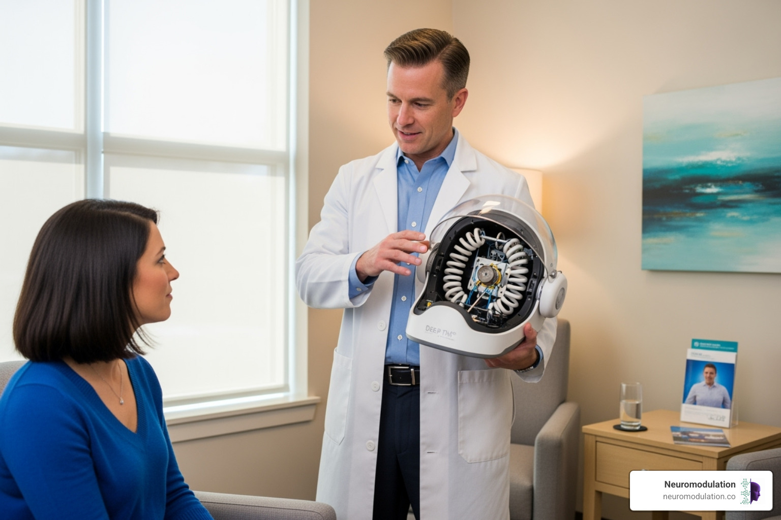 Clinician calmly explaining the components and function of a Deep TMS helmet to a receptive patient in a modern, well-lit treatment room - deep tms