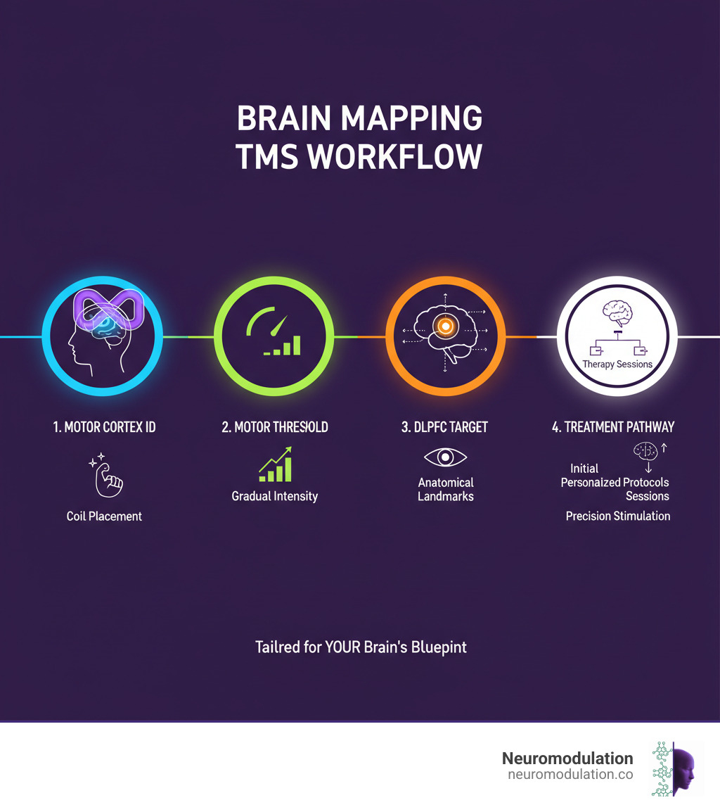 Comprehensive brain mapping TMS workflow showing motor cortex identification with TMS coil placement, motor threshold testing with gradual intensity adjustments, DLPFC target localization using anatomical landmarks, and the complete treatment pathway from initial mapping through personalized stimulation protocols - Brain mapping TMS infographic Comprehensive brain mapping TMS workflow showing motor cortex identification with TMS coil placement, motor threshold testing with gradual intensity adjustments, DLPFC target localization using anatomical landmarks, and the complete treatment pathway from initial mapping through personalized stimulation protocols - Brain mapping TMS infographic