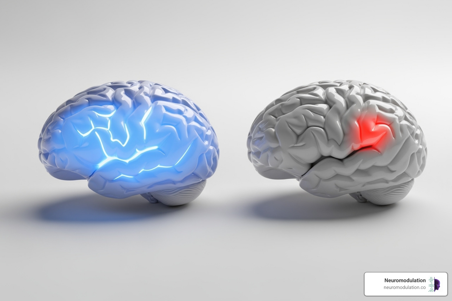 Illustration showing two brain models: one with a generalized, large target area for TMS and another with a precise, small, personalized target area highlighted by brain mapping - Brain mapping TMS Illustration showing two brain models: one with a generalized, large target area for TMS and another with a precise, small, personalized target area highlighted by brain mapping - Brain mapping TMS
