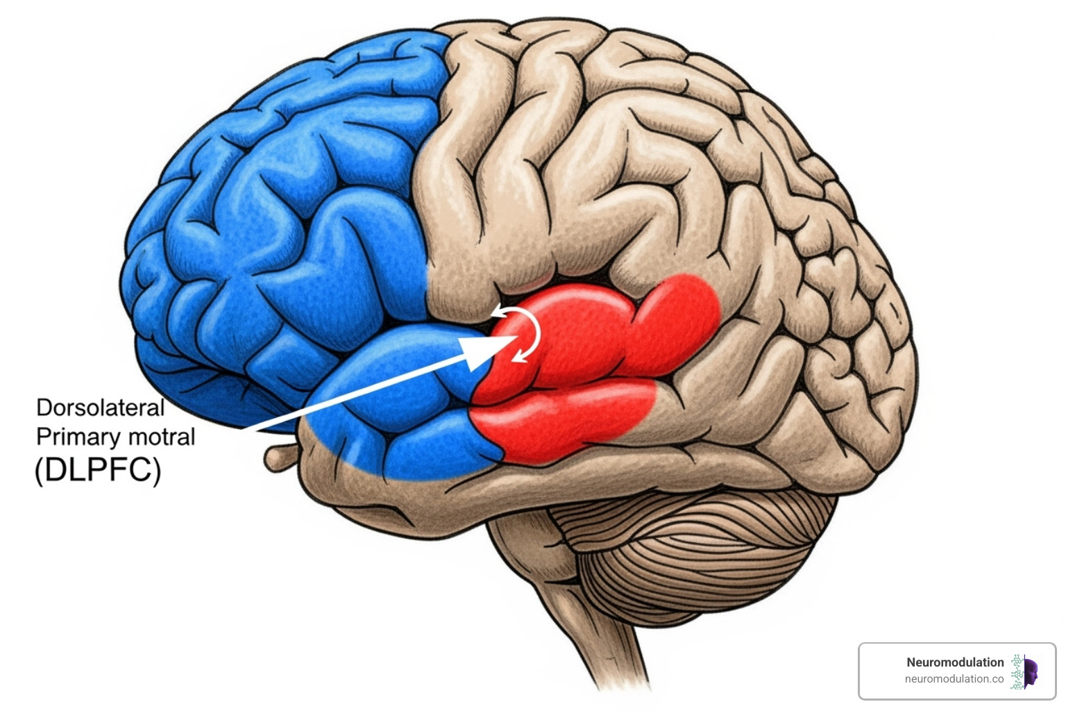 Detailed brain diagram highlighting the primary motor cortex in one color, the dorsolateral prefrontal cortex (DLPFC) in another color, and an arrow indicating the specific, measured distance and vector between them - Brain mapping TMS Detailed brain diagram highlighting the primary motor cortex in one color, the dorsolateral prefrontal cortex (DLPFC) in another color, and an arrow indicating the specific, measured distance and vector between them - Brain mapping TMS