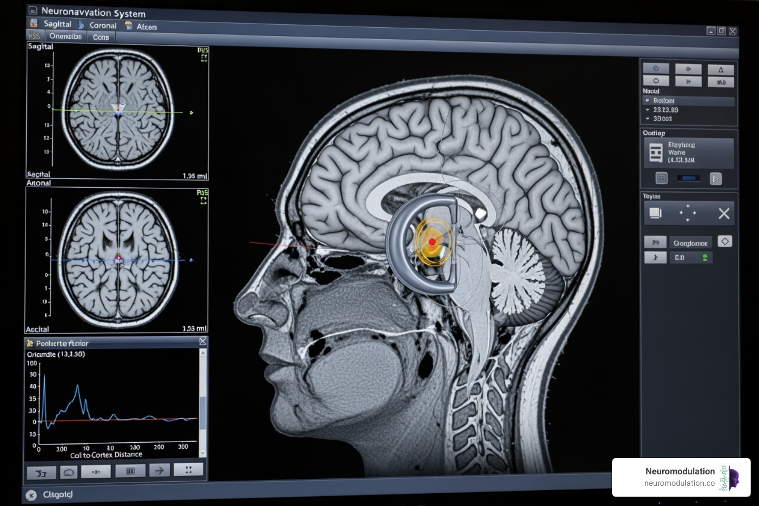 A detailed neuronavigation system screen displaying a patient's 3D brain MRI model with the TMS coil position precisely overlaid in real-time, highlighting the targeted brain region - Brain mapping TMS A detailed neuronavigation system screen displaying a patient's 3D brain MRI model with the TMS coil position precisely overlaid in real-time, highlighting the targeted brain region - Brain mapping TMS