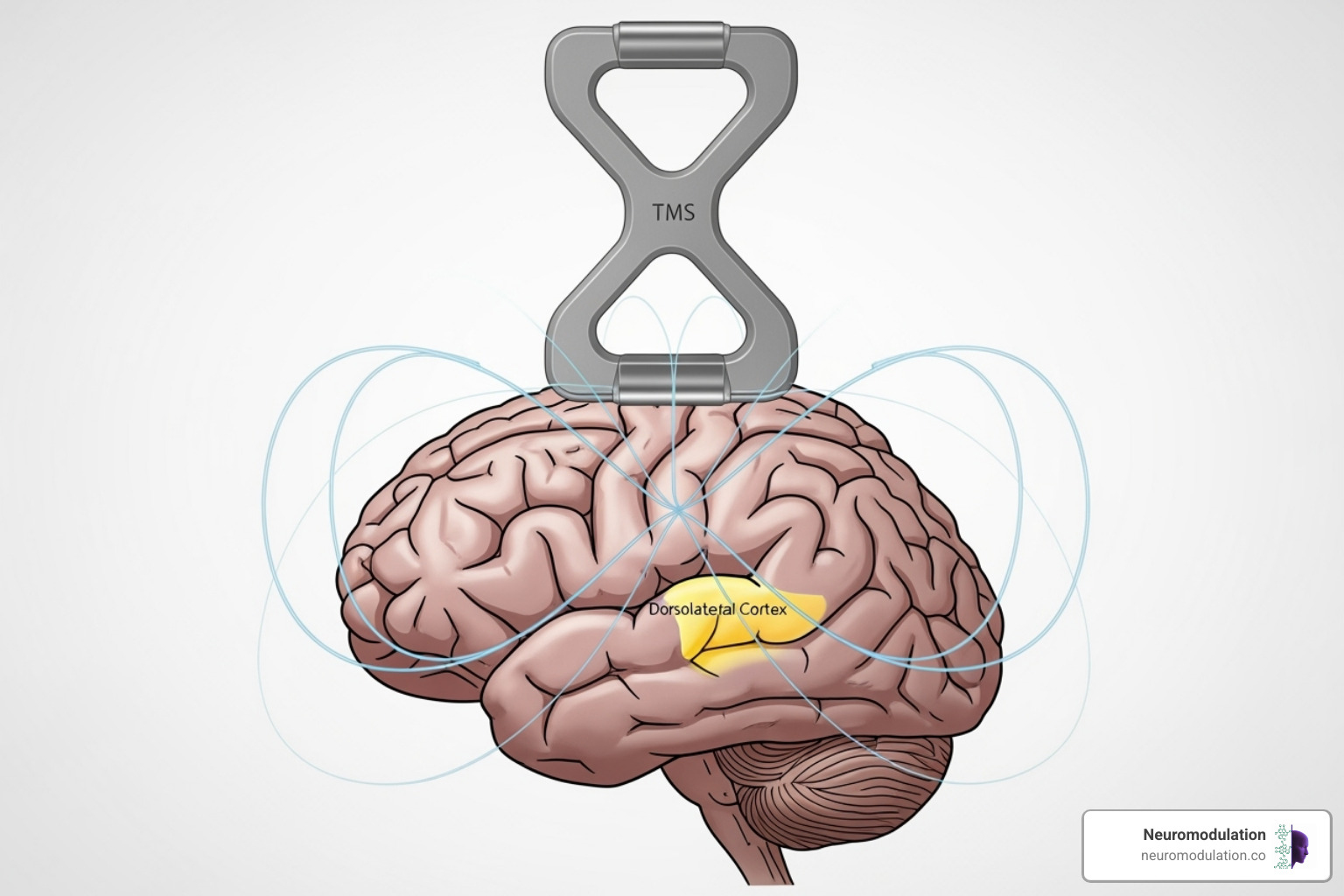 TMS coil generating magnetic field over a diagram of the brain - tms for depression