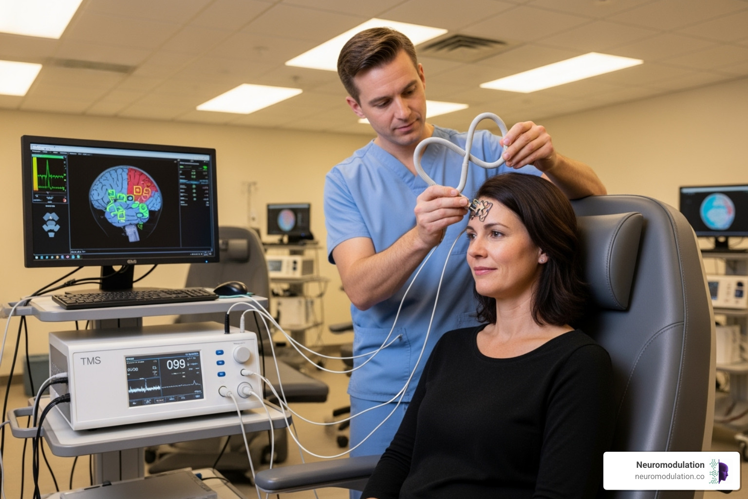 Clinician performing motor threshold mapping on a patient - tms for depression