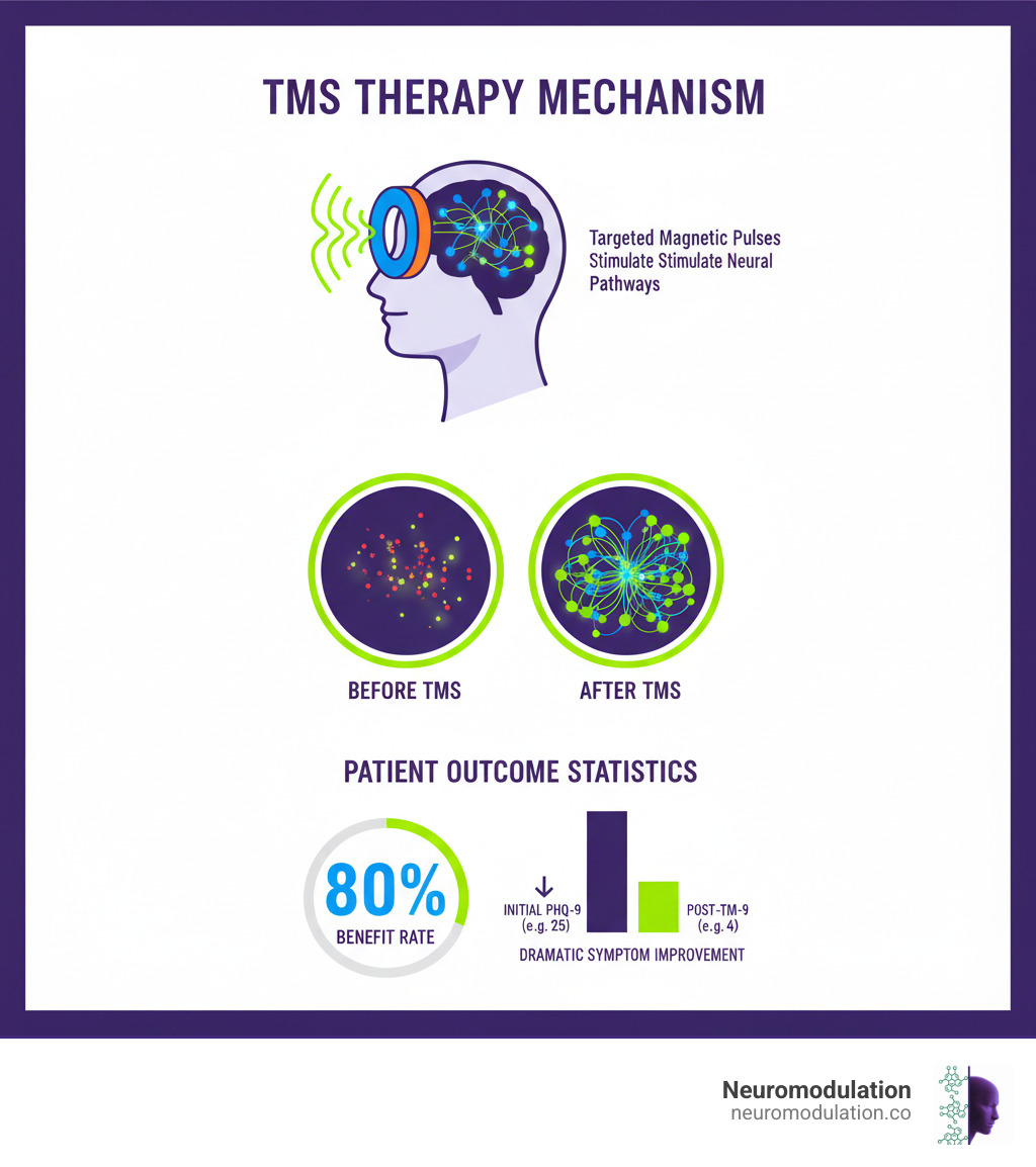 Comprehensive infographic showing TMS therapy mechanism: magnetic coil positioned over the left prefrontal cortex, generating targeted magnetic pulses that stimulate specific neural pathways, with before-and-after brain activity patterns and patient outcome statistics including 80% benefit rate and dramatic PHQ-9 score improvements - TMS patient testimonials infographic Comprehensive infographic showing TMS therapy mechanism: magnetic coil positioned over the left prefrontal cortex, generating targeted magnetic pulses that stimulate specific neural pathways, with before-and-after brain activity patterns and patient outcome statistics including 80% benefit rate and dramatic PHQ-9 score improvements - TMS patient testimonials infographic