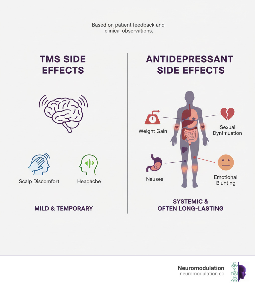 Infographic comparing TMS side effects to common antidepressant side effects. TMS side effects are shown as mild and temporary (scalp discomfort, headache). Antidepressant side effects are shown as systemic and often long-lasting (weight gain, sexual dysfunction, nausea, emotional blunting). - TMS patient testimonials infographic Infographic comparing TMS side effects to common antidepressant side effects. TMS side effects are shown as mild and temporary (scalp discomfort, headache). Antidepressant side effects are shown as systemic and often long-lasting (weight gain, sexual dysfunction, nausea, emotional blunting). - TMS patient testimonials infographic