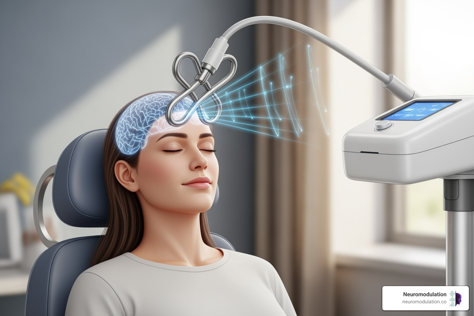 An illustration of the TMS therapy process, showing a patient comfortably seated with a TMS coil placed over their head, highlighting the magnetic pulses targeting specific brain regions without invasive procedures. - TMS patient testimonials An illustration of the TMS therapy process, showing a patient comfortably seated with a TMS coil placed over their head, highlighting the magnetic pulses targeting specific brain regions without invasive procedures. - TMS patient testimonials