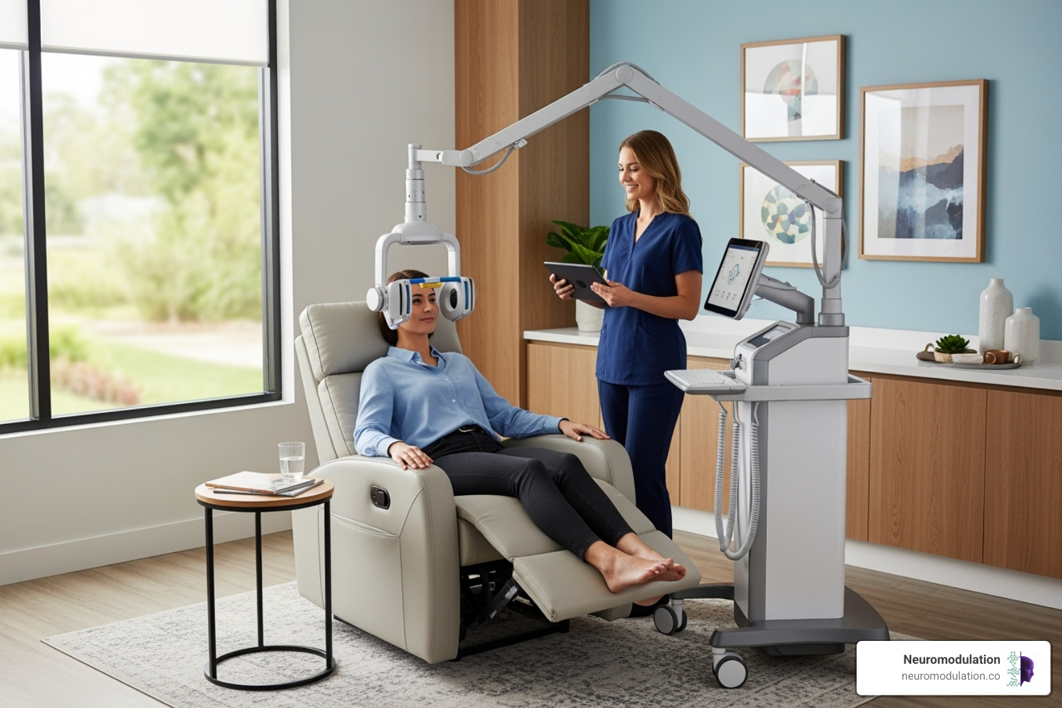 A modern, comfortable TMS treatment room with a patient seated in a recliner, a TMS machine positioned near their head, and a friendly staff member monitoring the session. The room is brightly lit with natural light. - TMS patient testimonials A modern, comfortable TMS treatment room with a patient seated in a recliner, a TMS machine positioned near their head, and a friendly staff member monitoring the session. The room is brightly lit with natural light. - TMS patient testimonials