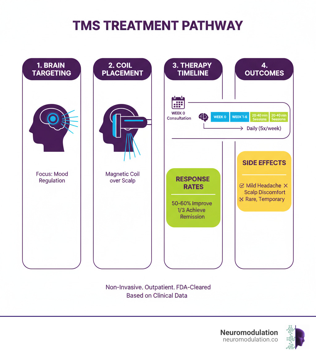 Comprehensive TMS treatment pathway infographic showing brain targeting, magnetic coil placement, treatment timeline from initial consultation through 4-6 week therapy course, and expected outcomes including response rates and side effect profiles - what is tms infographic 
