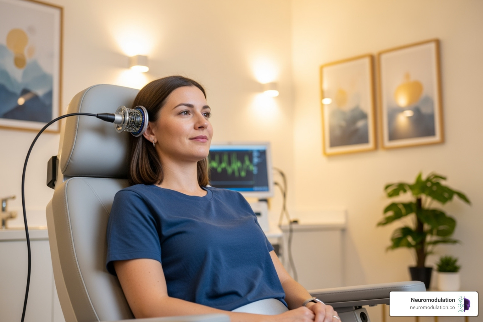 Patient comfortably seated in a TMS chair during a session - what is tms