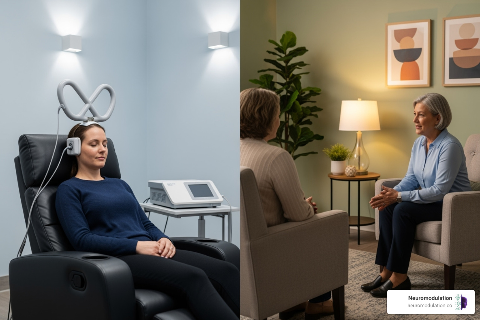 Split-screen image showing a TMS machine on one side, with a patient calmly undergoing treatment, and on the other side, a patient engaged in a therapy session with a therapist. - tms for anxiety