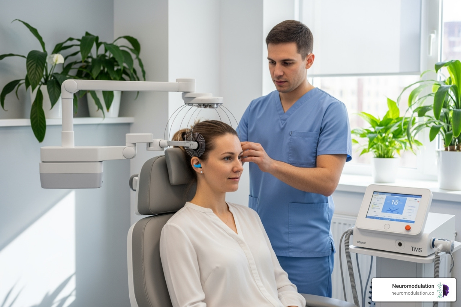 Patient comfortably seated in a modern clinic, wearing earplugs, with a TMS coil gently positioned over their head by a technician, ready for treatment. The setup is clean, professional, and reassuring. - tms for anxiety