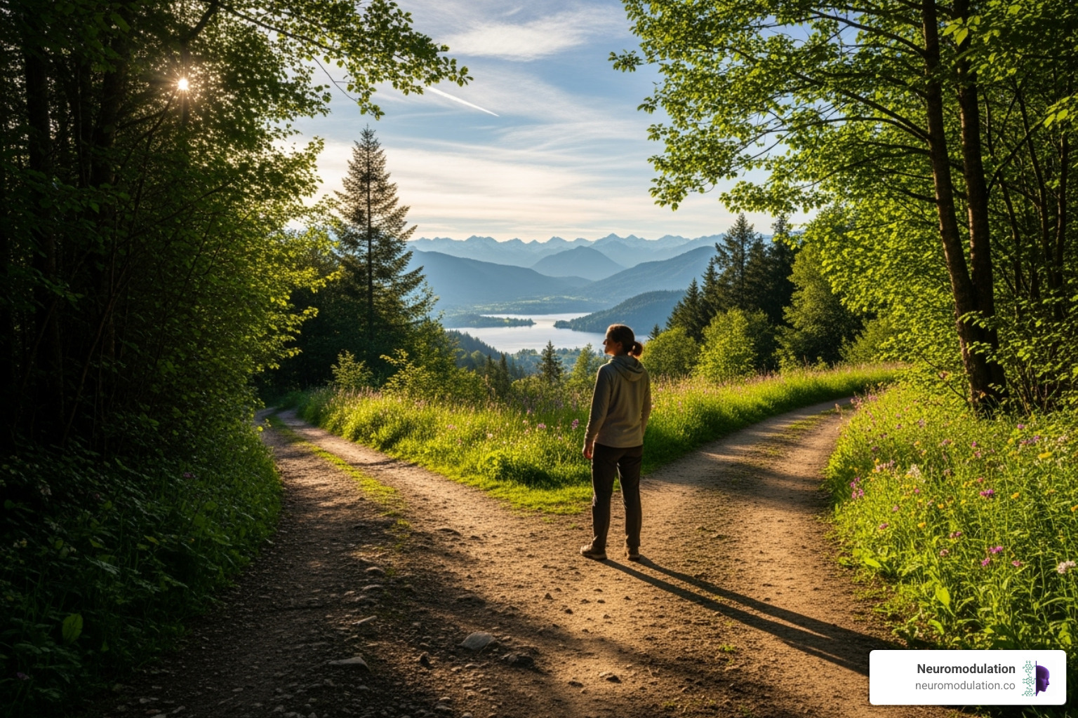 Illustration of a person standing at a crossroads, looking towards a path labeled "Calm" with a serene landscape, symbolizing finding relief and a clear path forward with TMS. - tms for anxiety