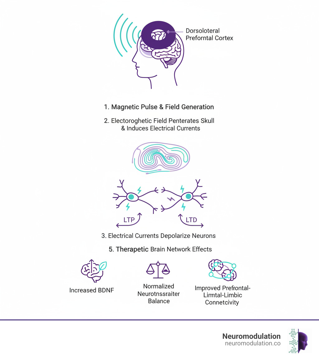 Comprehensive infographic showing TMS mechanism: magnetic coil positioned over the dorsolateral prefrontal cortex generating focused magnetic pulses, electromagnetic field penetrating skull tissue, induced electrical currents depolarizing neurons, synaptic connections strengthening through LTP/LTD processes, and resulting therapeutic effects on brain networks including increased BDNF, normalized neurotransmitter balance, and improved connectivity between prefrontal regions and limbic structures - TMS mechanism of action infographic 