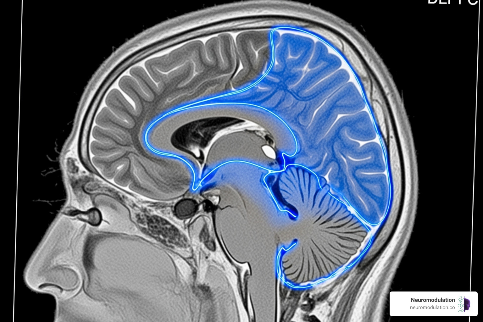 Brain scan highlighting the dorsolateral prefrontal cortex (DLPFC) - TMS mechanism of action