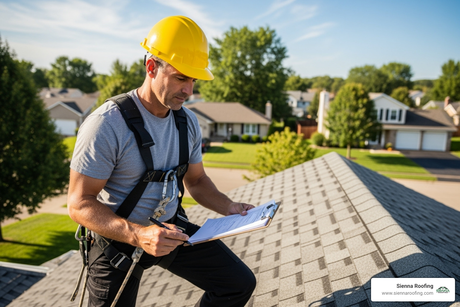 of a professional roofer safely performing a roof inspection with a clipboard - Katy TX roofers