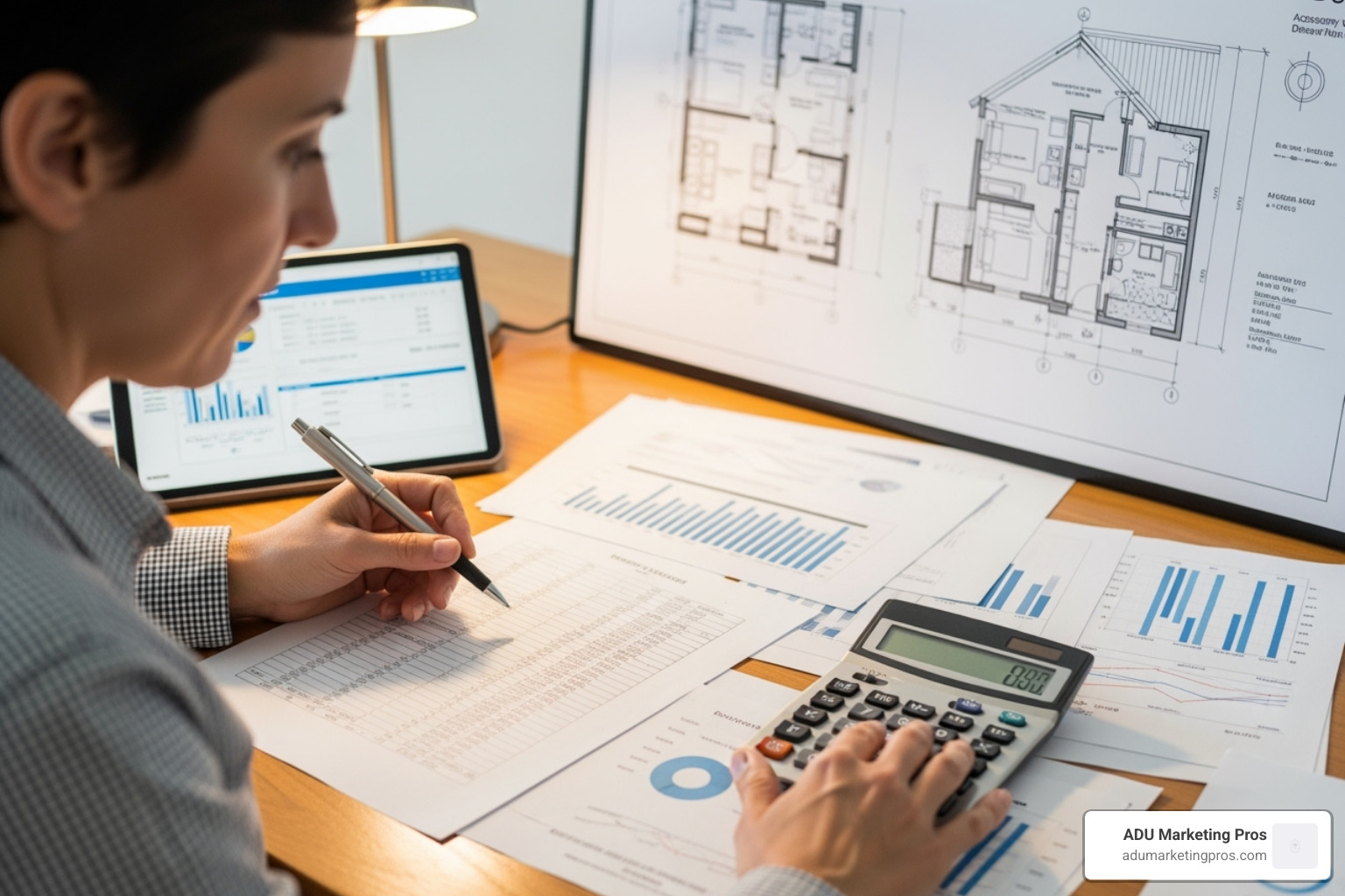A person reviewing financial documents and a calculator with an ADU blueprint in the background. - Los Angeles ADU plans