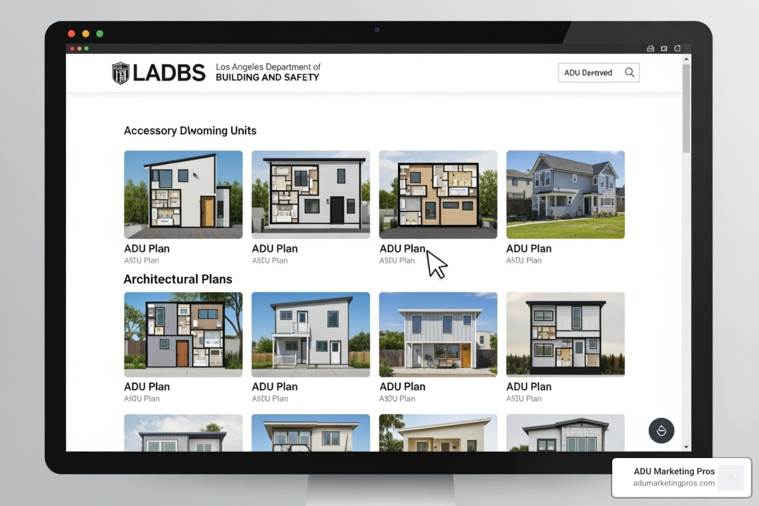 The Los Angeles Department of Building and Safety (LADBS) website showcasing various standard ADU plans available for homeowners. - Los Angeles ADU plans