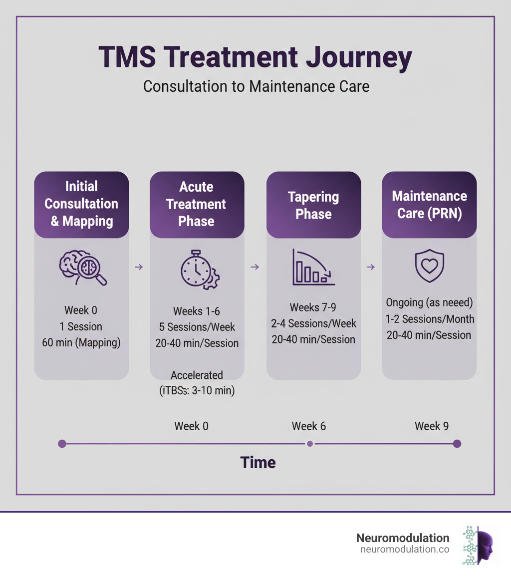 Comprehensive TMS treatment timeline infographic showing session durations, weekly schedules, and treatment phases from initial consultation through maintenance care - TMS session duration infographic 