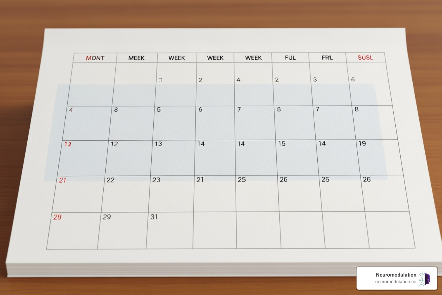 Calendar showing a 6-week TMS schedule - TMS session duration