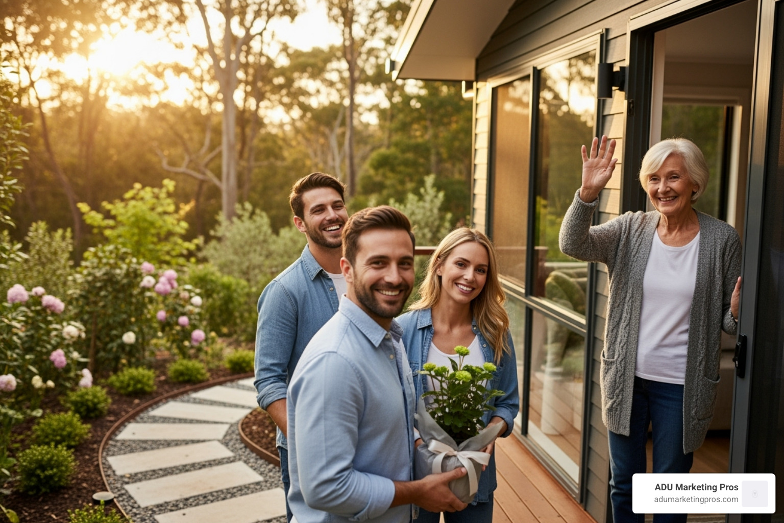 A happy family, with an older parent waving from the doorway of their new granny flat, surrounded by greenery and a welcoming atmosphere. - average cost of garage conversion to granny flat