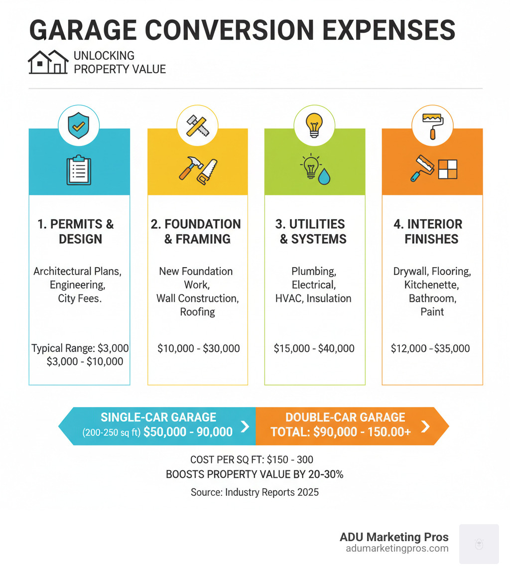 Detailed cost breakdown infographic showing garage conversion expenses from permits and design through construction and finishes, with typical ranges for each category and total investment amounts for different garage sizes - average cost of garage conversion to granny flat infographic 