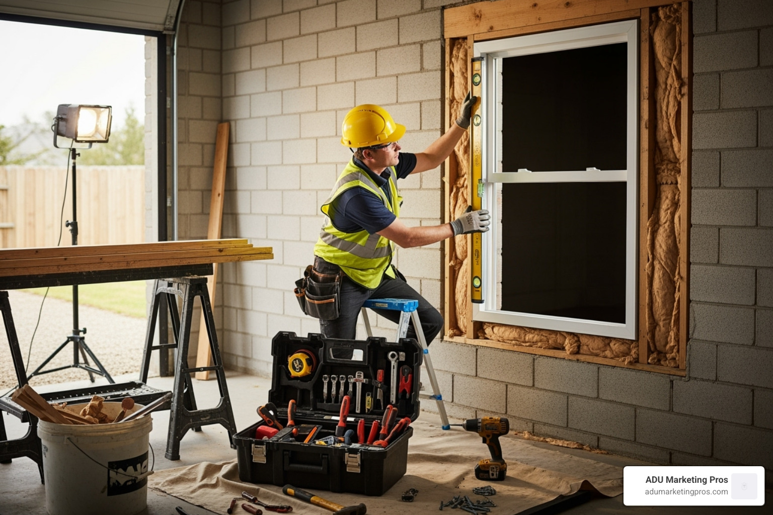 A construction worker installing a new window in a garage wall during a conversion, with tools and safety gear visible. - average cost of garage conversion to granny flat