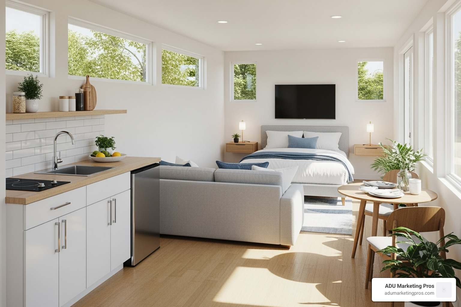 A stylish one-car garage converted into a studio granny flat, featuring efficient use of space, modern finishes, and natural light. - average cost of garage conversion to granny flat