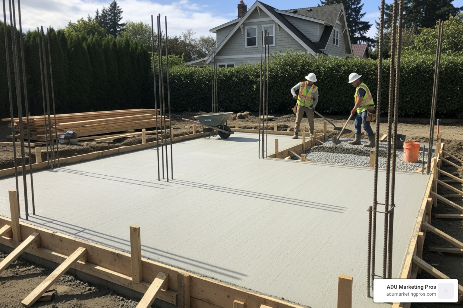 An ADU foundation being carefully laid on a residential property, showcasing the initial stages of construction - bay area adu builders
