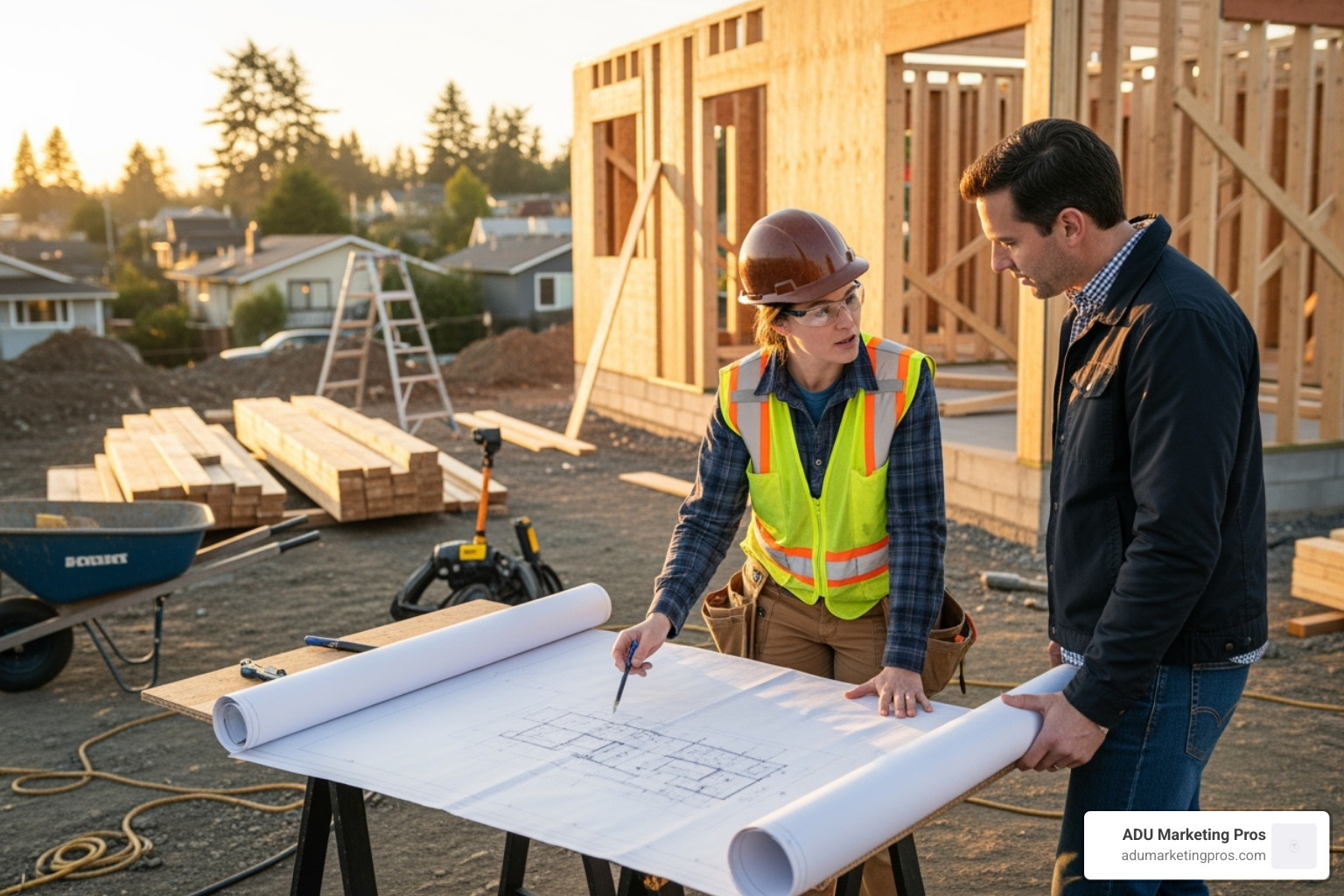 A project manager and a homeowner reviewing detailed blueprints on a construction site, discussing progress and next steps for the ADU build - bay area adu builders