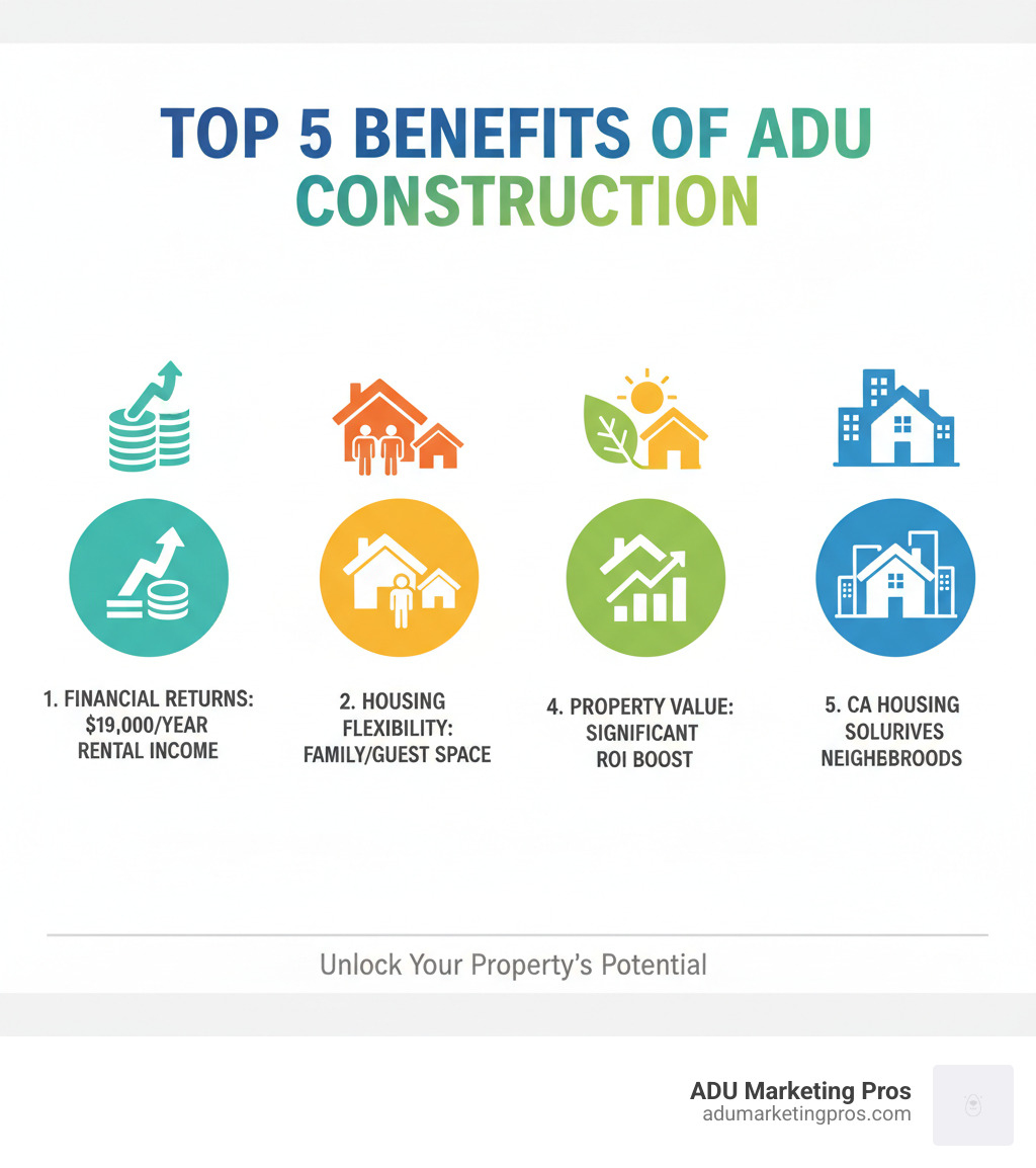 Infographic showing the top 5 benefits of ADU construction: 1) Financial returns through rental income averaging $19,000 annually, 2) Housing flexibility for family members or guests, 3) Sustainability through efficient land use and energy-efficient design, 4) Increased property value with significant ROI potential, 5) Solution to California's housing shortage while maintaining neighborhood character - adu construction services infographic 