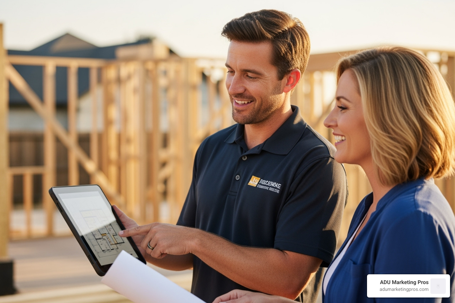 friendly contractor in a branded polo shirt discussing plans with a smiling homeowner on a construction site - adu construction services