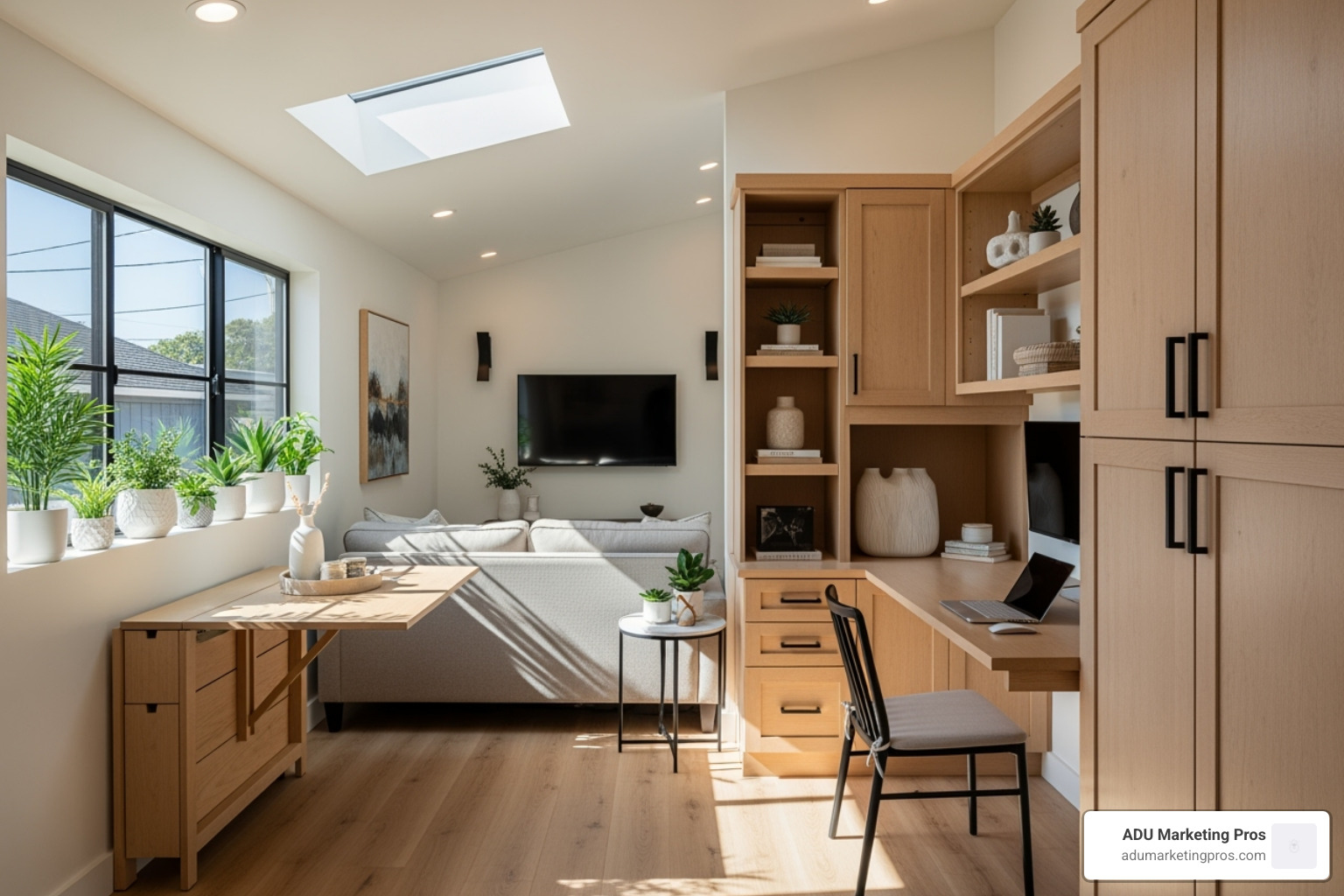 beautifully staged ADU interior, showing a multi-functional living space with smart storage solutions - adu construction services