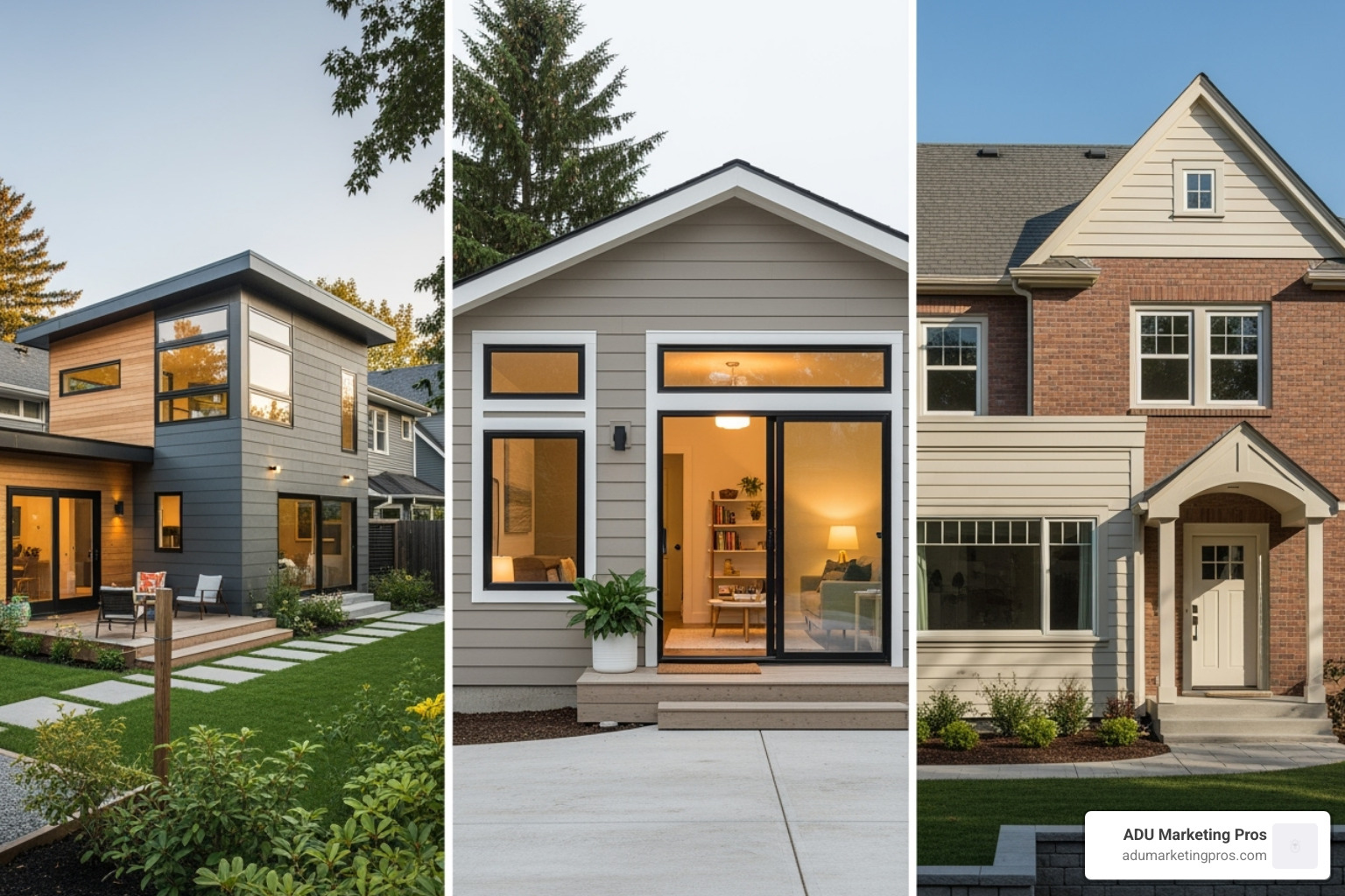 split-screen showing different ADU types: a detached unit, a garage conversion, and an attached unit - adu construction services